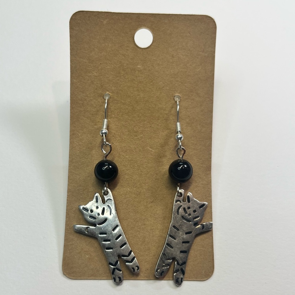 silver cat earrings with black beads!